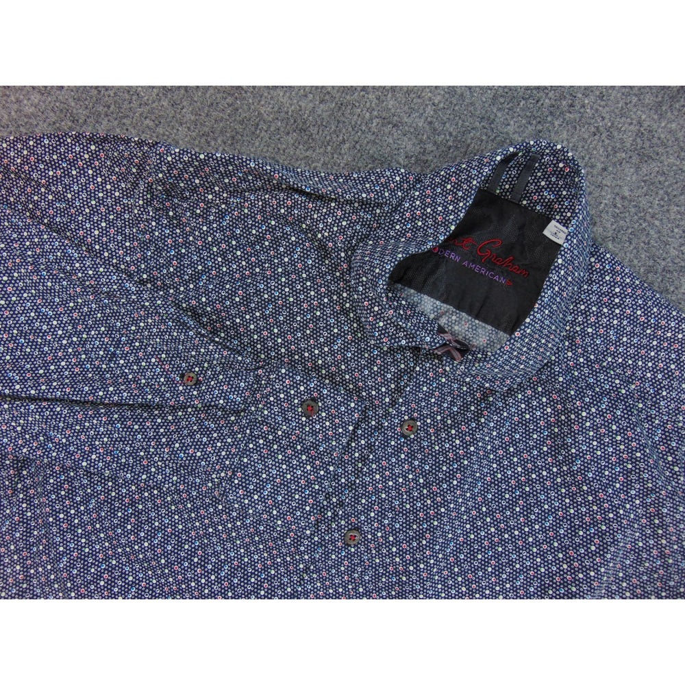 Robert Graham Button Down Shirt Mens Large Tailored Fit Navy Blue Dotted Pattern